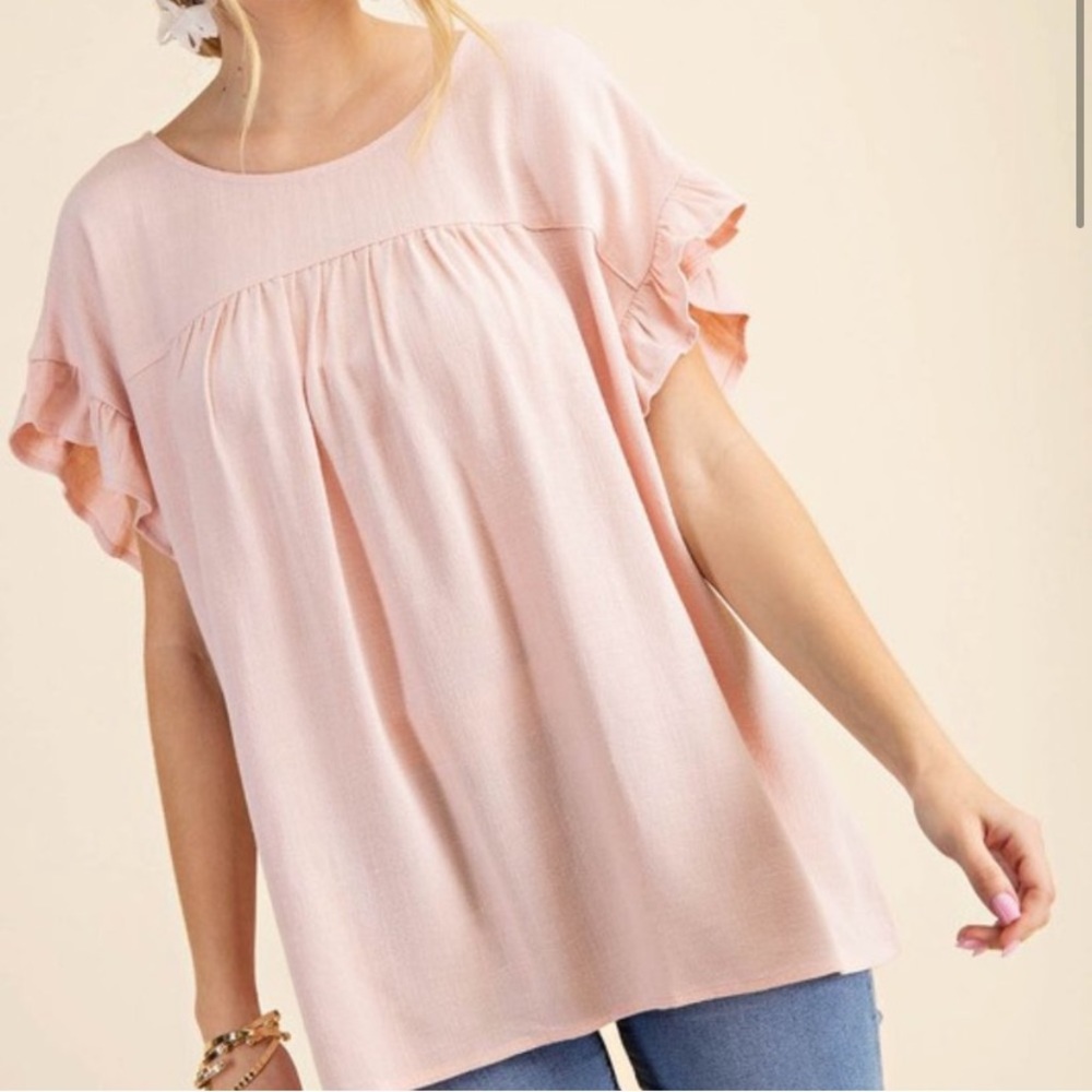Kori York ruffle light pink sleeveless keyhole back oversized blouse medium